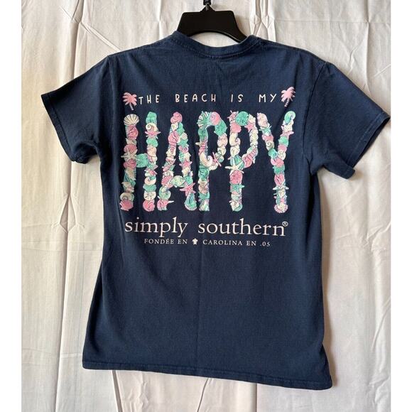 SIMPLY SOUTHERN "The Beach is my HAPPY" Graphic Navy Small T-shirt - Picture 4 of 4
